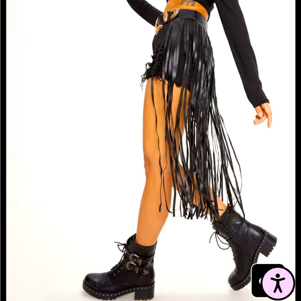 Eco vegan leather Boho leather long fringed belt/skirt double buckles for sizing